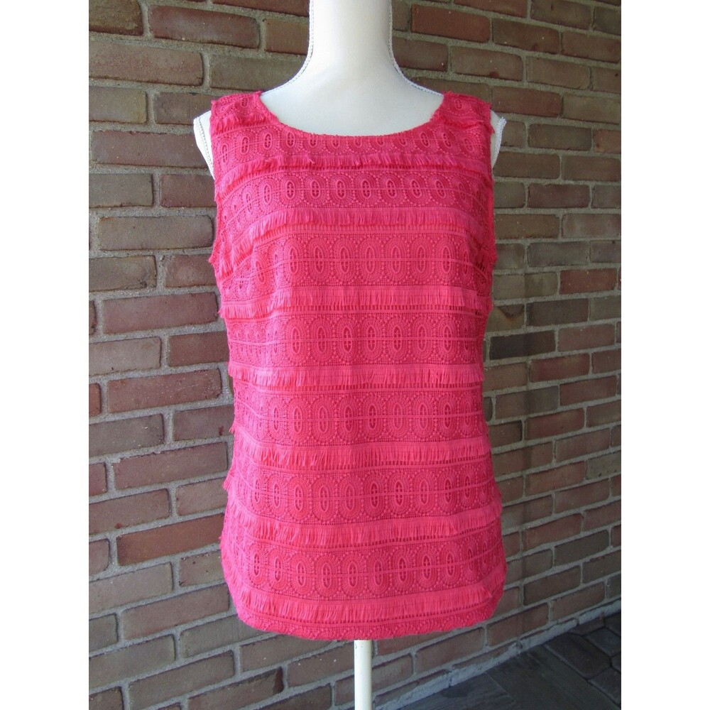 Talbots Coral Sleeveless Tank Top Women's 10 Fringe Blouse Side Split Boho Chic